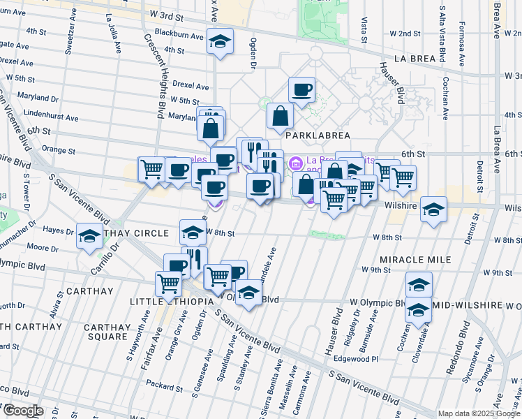 map of restaurants, bars, coffee shops, grocery stores, and more near 5900 Wilshire Boulevard in Los Angeles