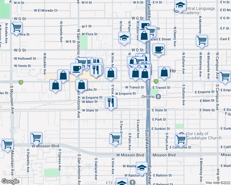 map of restaurants, bars, coffee shops, grocery stores, and more near 215 South Vine Avenue in Ontario