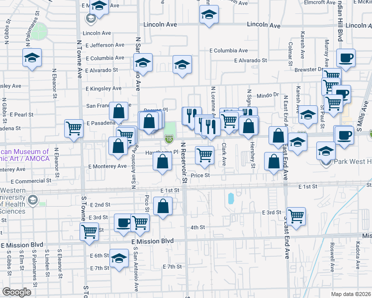 map of restaurants, bars, coffee shops, grocery stores, and more near 420 North Reservoir Street in Pomona