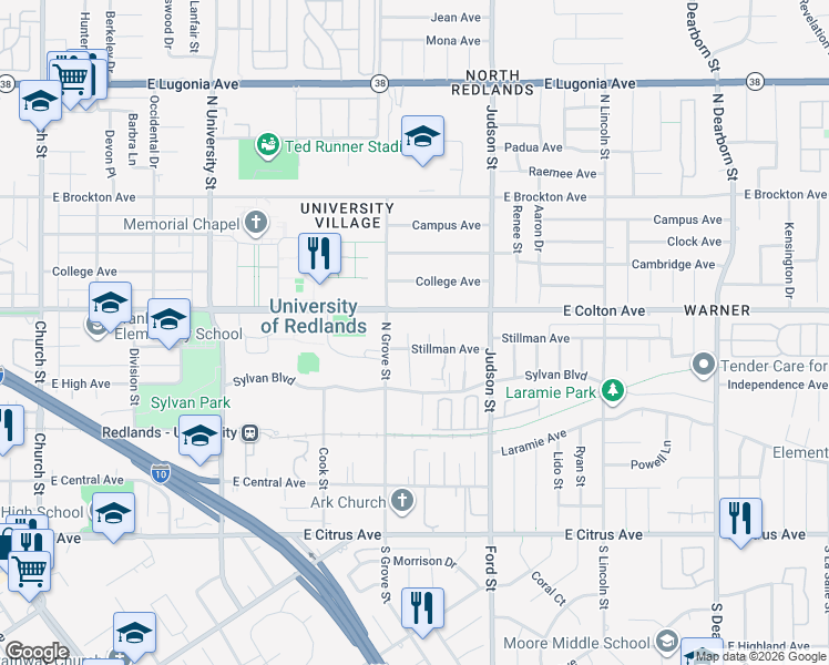 map of restaurants, bars, coffee shops, grocery stores, and more near 1315 Stillman Avenue in Redlands