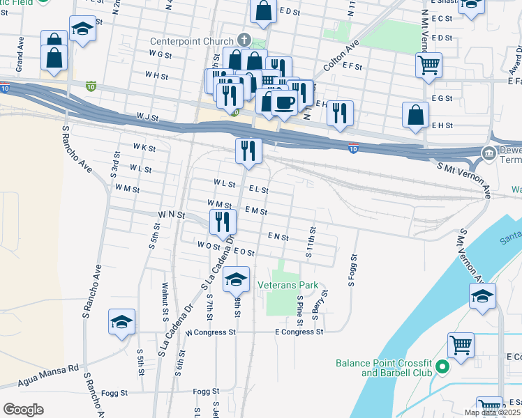 map of restaurants, bars, coffee shops, grocery stores, and more near 295 South 9th Street in Colton