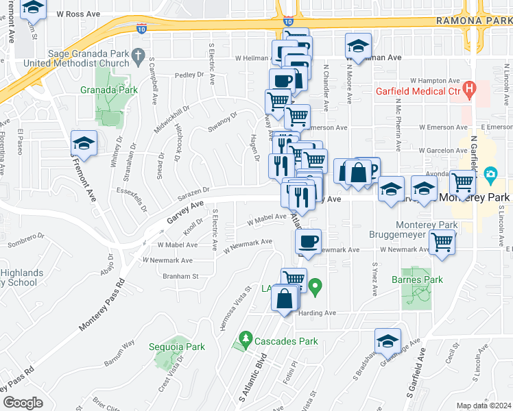 map of restaurants, bars, coffee shops, grocery stores, and more near 918 West Garvey Avenue in Monterey Park