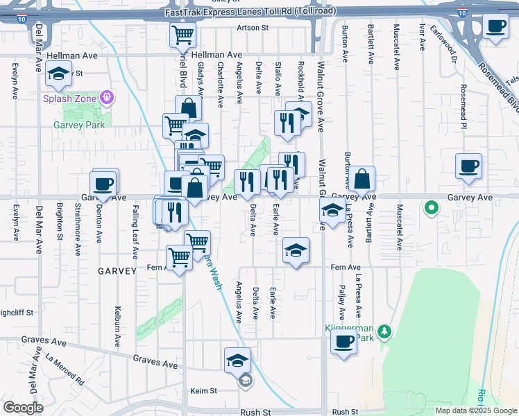 map of restaurants, bars, coffee shops, grocery stores, and more near 8408 Garvey Avenue in Rosemead