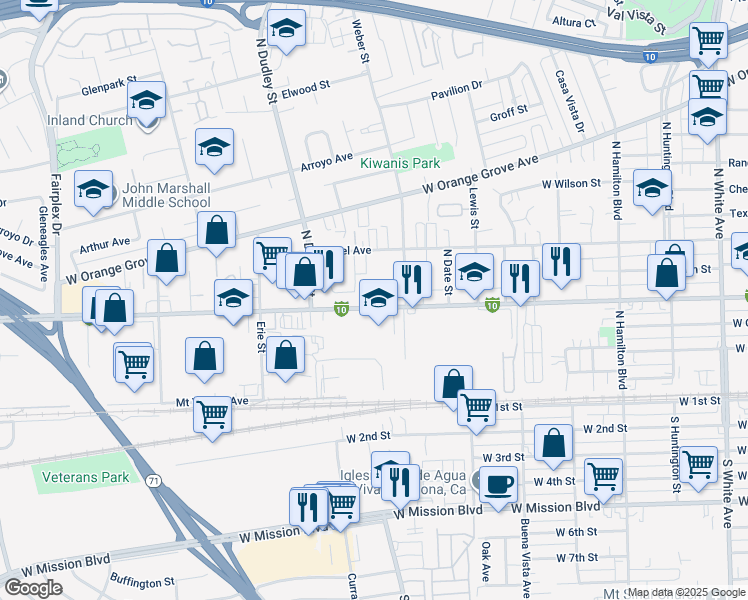 map of restaurants, bars, coffee shops, grocery stores, and more near 1451 West Holt Avenue in Pomona