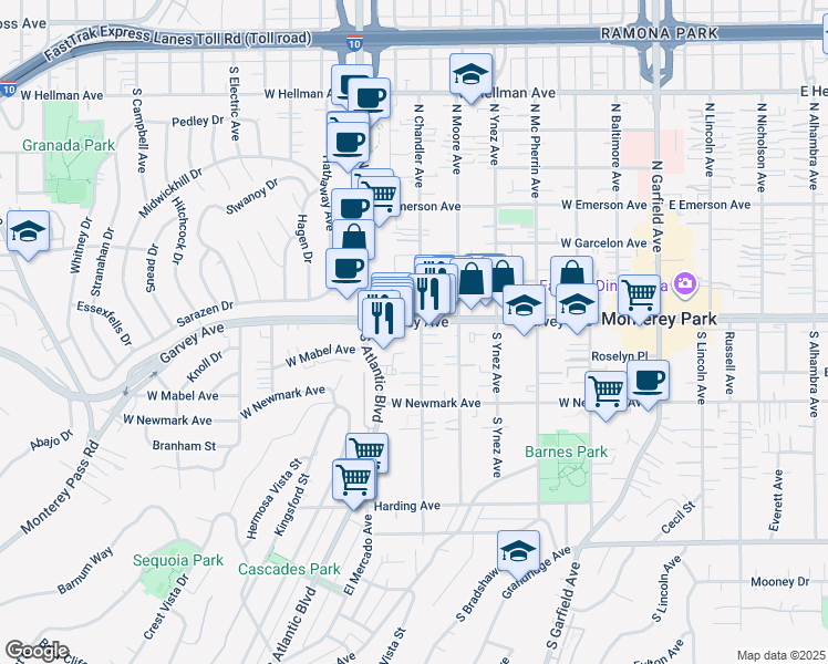 map of restaurants, bars, coffee shops, grocery stores, and more near 700 West Garvey Avenue in Monterey Park