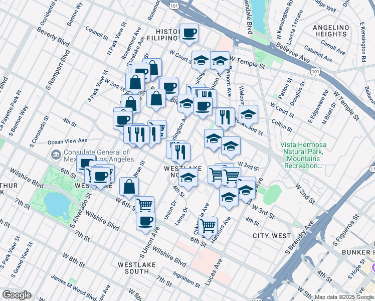 map of restaurants, bars, coffee shops, grocery stores, and more near 267 South Union Avenue in Los Angeles