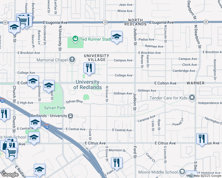 map of restaurants, bars, coffee shops, grocery stores, and more near 1307 Stillman Avenue in Redlands