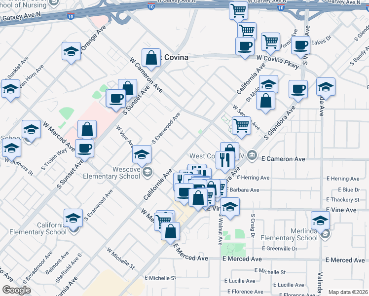 map of restaurants, bars, coffee shops, grocery stores, and more near 901 California Avenue in West Covina
