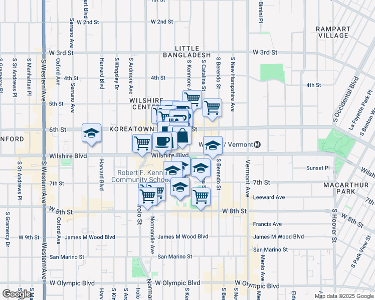 map of restaurants, bars, coffee shops, grocery stores, and more near 3377 Wilshire Boulevard in Los Angeles