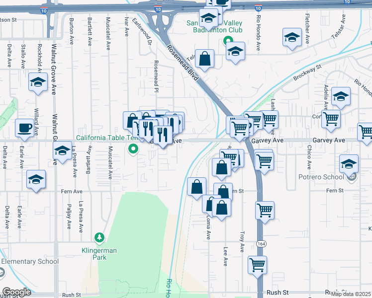 map of restaurants, bars, coffee shops, grocery stores, and more near 9100 Garvey Avenue in Rosemead