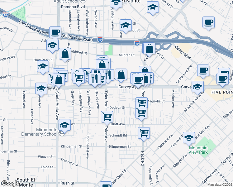 map of restaurants, bars, coffee shops, grocery stores, and more near 2825 Blossom Court in El Monte