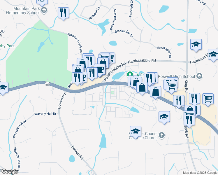 map of restaurants, bars, coffee shops, grocery stores, and more near 5605 Waters Edge Trail in Roswell