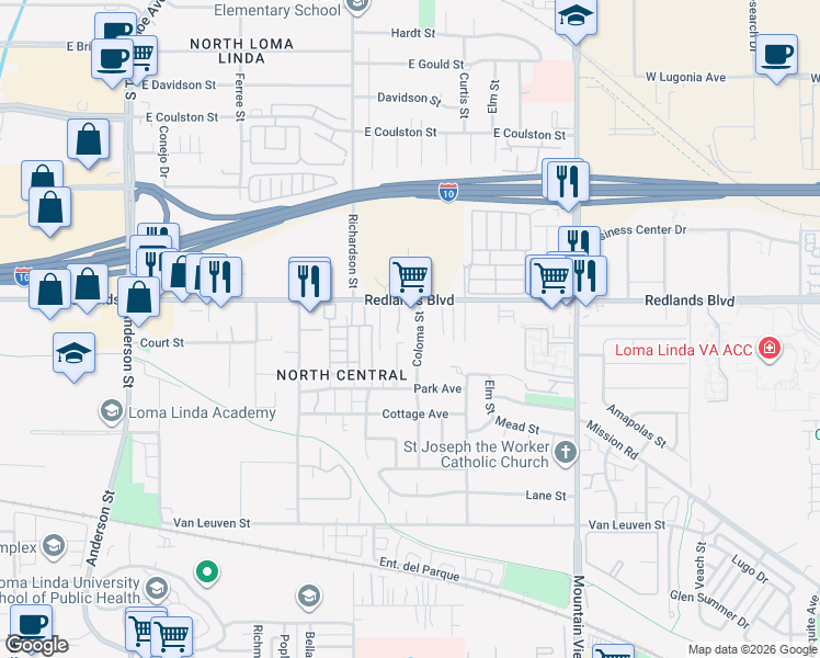 map of restaurants, bars, coffee shops, grocery stores, and more near 10566 Coloma Street in Loma Linda