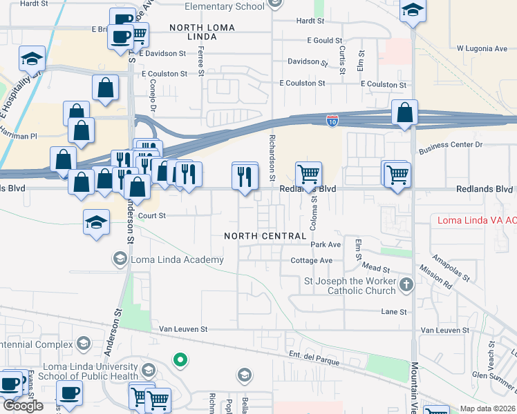 map of restaurants, bars, coffee shops, grocery stores, and more near 60 Leota Street in Loma Linda