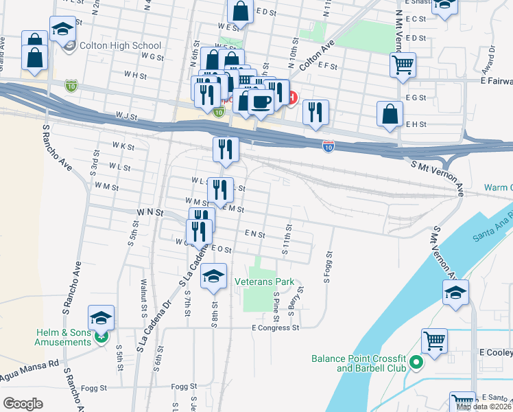 map of restaurants, bars, coffee shops, grocery stores, and more near 277 East M Street in Colton
