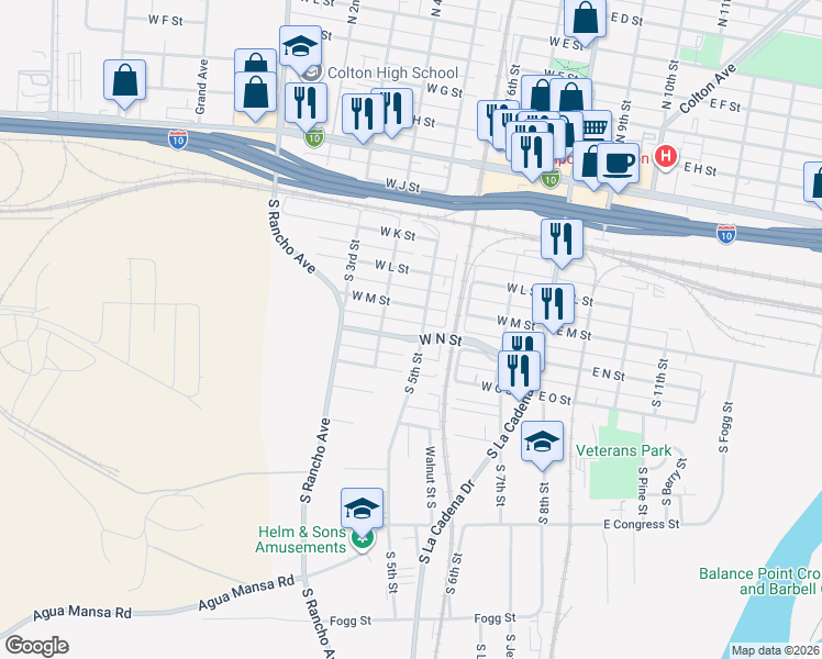 map of restaurants, bars, coffee shops, grocery stores, and more near 417 West N Street in Colton