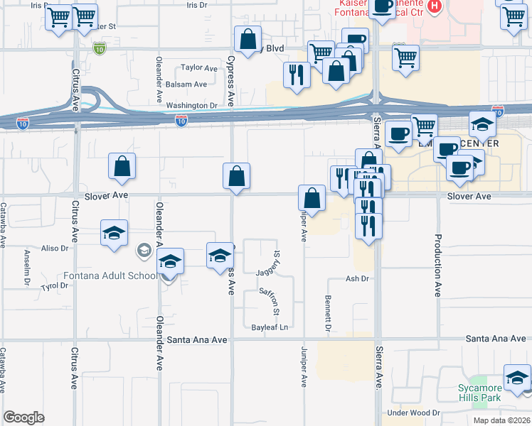 map of restaurants, bars, coffee shops, grocery stores, and more near 16593 Slover Avenue in Fontana