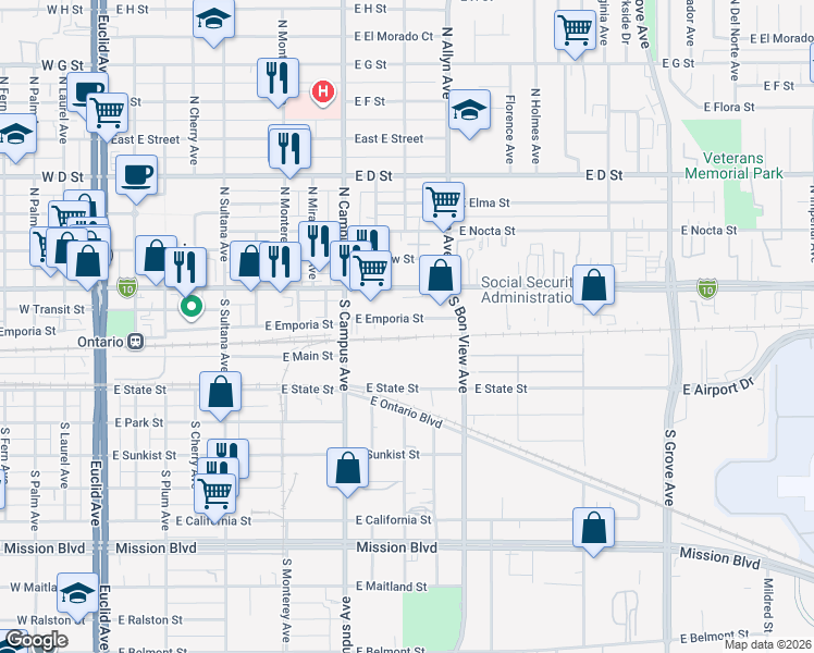 map of restaurants, bars, coffee shops, grocery stores, and more near 758 East Emporia Street in Ontario