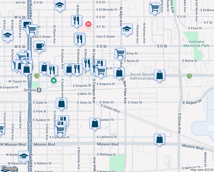 map of restaurants, bars, coffee shops, grocery stores, and more near 758 East Emporia Street in Ontario