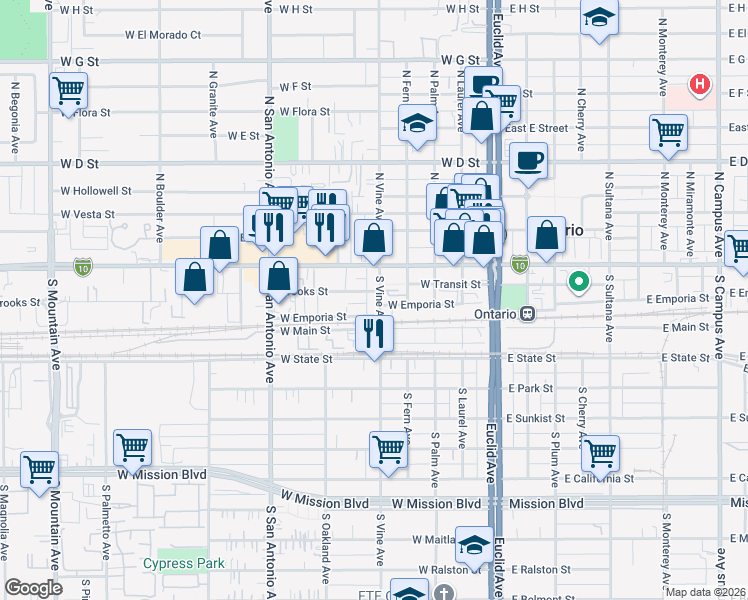 map of restaurants, bars, coffee shops, grocery stores, and more near 215 South Vine Avenue in Ontario