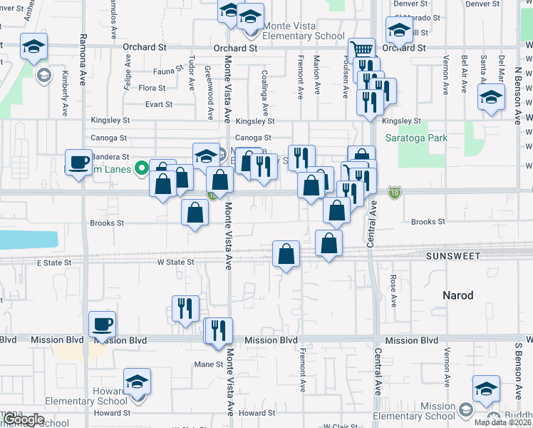 map of restaurants, bars, coffee shops, grocery stores, and more near 5007 Holt Boulevard in Montclair