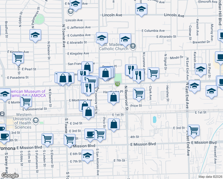 map of restaurants, bars, coffee shops, grocery stores, and more near 793 Hawthorne Place in Pomona