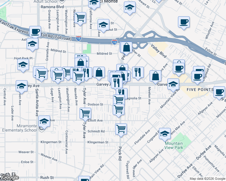 map of restaurants, bars, coffee shops, grocery stores, and more near 2828 New Deal Avenue in El Monte