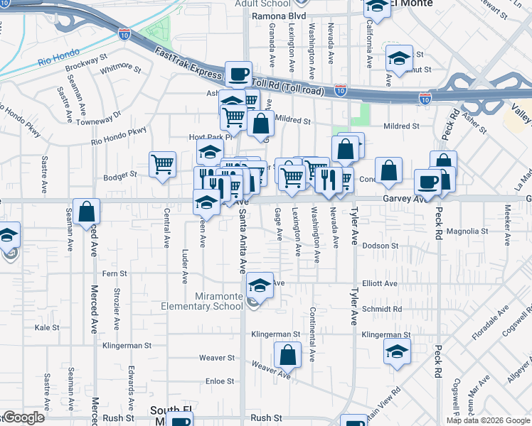 map of restaurants, bars, coffee shops, grocery stores, and more near 2806 Granada Avenue in El Monte