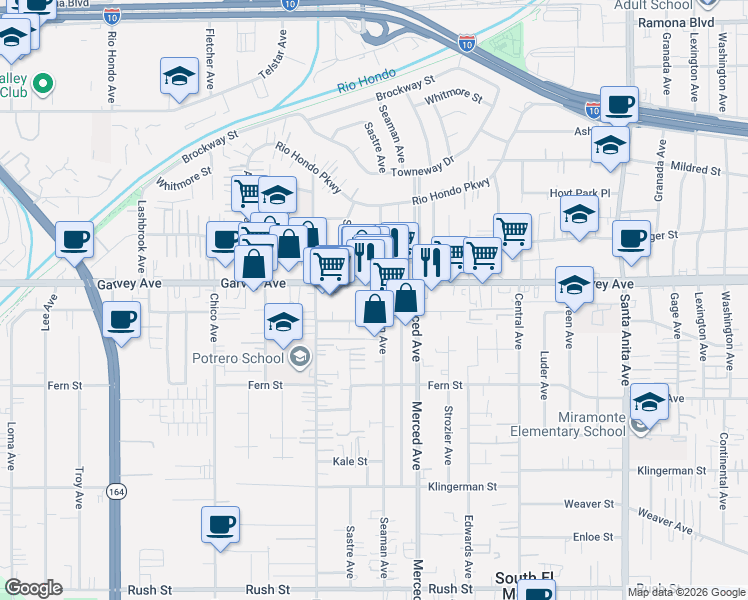 map of restaurants, bars, coffee shops, grocery stores, and more near 2735 Seaman Avenue in El Monte