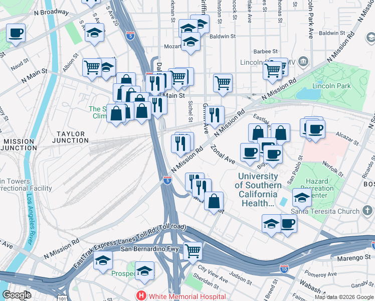 map of restaurants, bars, coffee shops, grocery stores, and more near 1736 Workman Street in Los Angeles