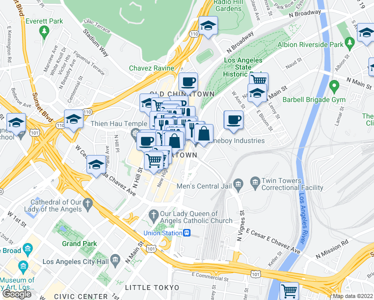 map of restaurants, bars, coffee shops, grocery stores, and more near in Los Angeles