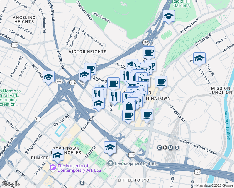 map of restaurants, bars, coffee shops, grocery stores, and more near 720 North Hill Place in Los Angeles