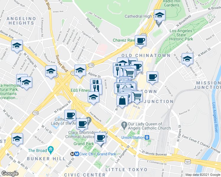 map of restaurants, bars, coffee shops, grocery stores, and more near 720 North Hill Place in Los Angeles