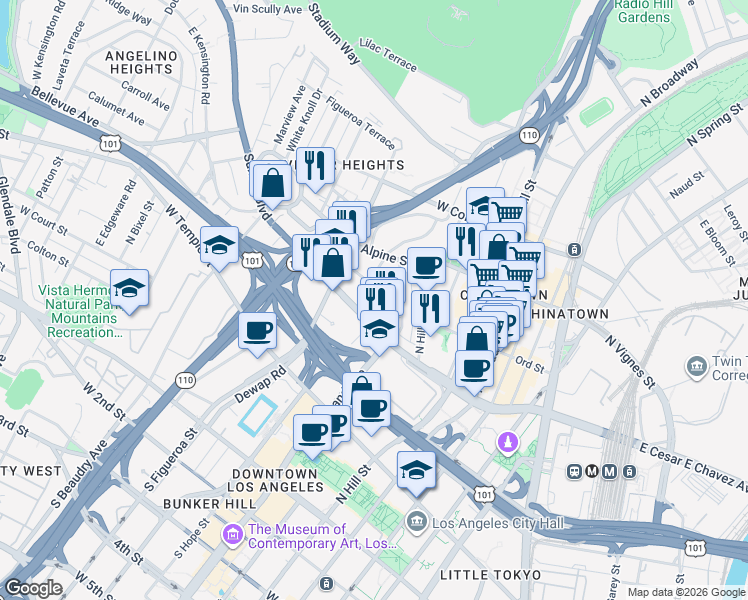 map of restaurants, bars, coffee shops, grocery stores, and more near 817 West Cesar Estrada Chavez Avenue in Los Angeles