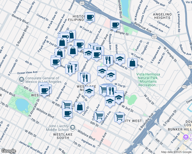 map of restaurants, bars, coffee shops, grocery stores, and more near 233 Union Place in Los Angeles