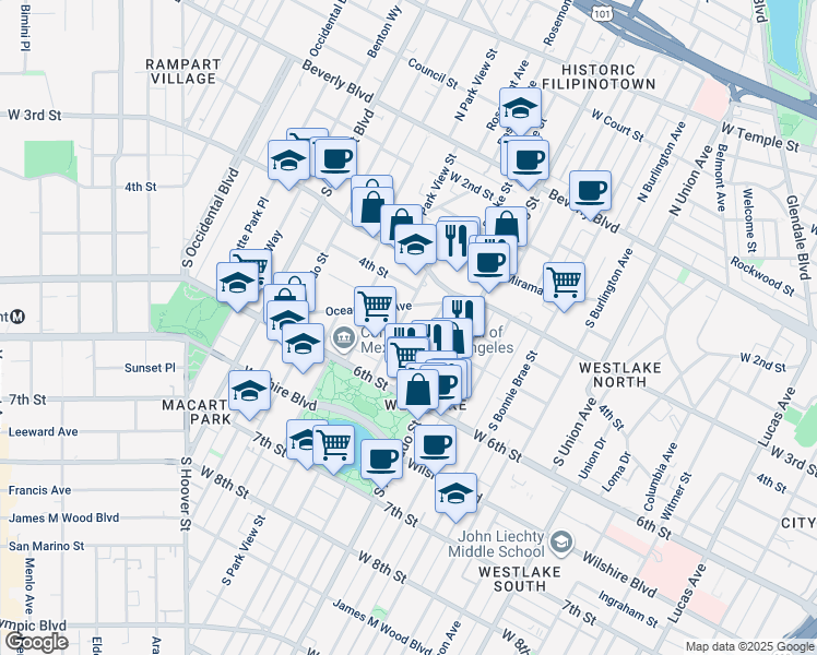 map of restaurants, bars, coffee shops, grocery stores, and more near 433 South Lake Street in Los Angeles