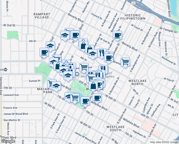map of restaurants, bars, coffee shops, grocery stores, and more near 437 South Grand View Street in Los Angeles