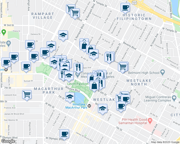 map of restaurants, bars, coffee shops, grocery stores, and more near 437 South Grand View Street in Los Angeles