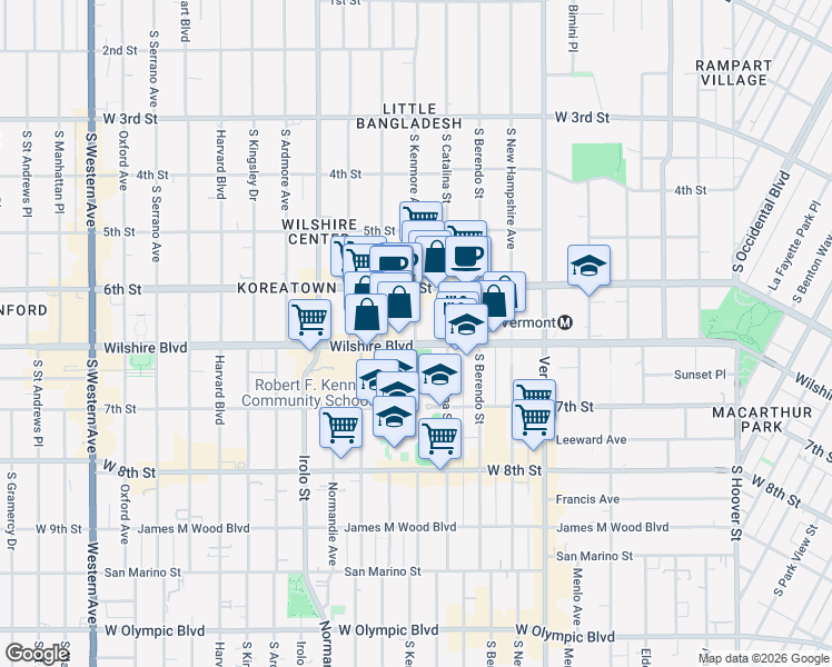 map of restaurants, bars, coffee shops, grocery stores, and more near 3341 Wilshire Boulevard in Los Angeles