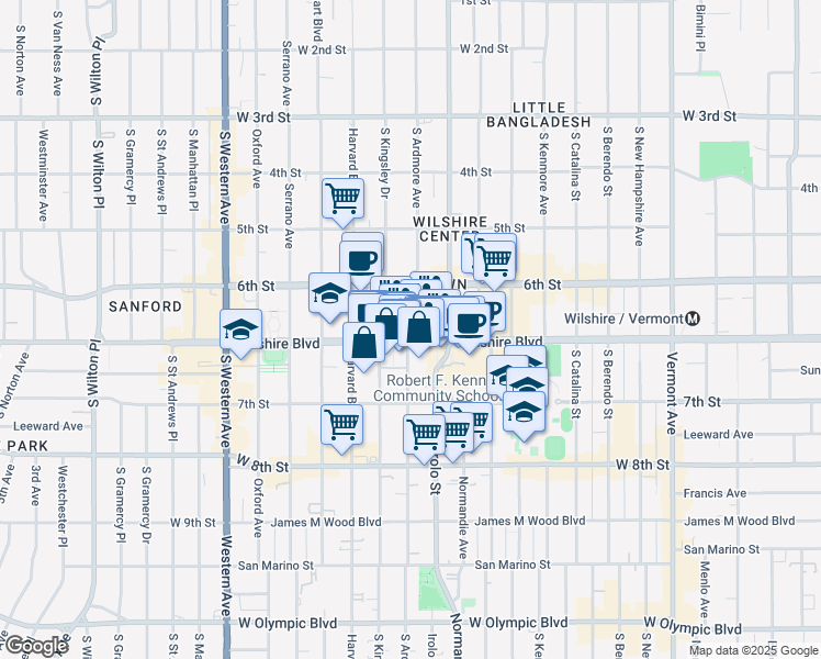 map of restaurants, bars, coffee shops, grocery stores, and more near 3545 Wilshire Boulevard in Los Angeles
