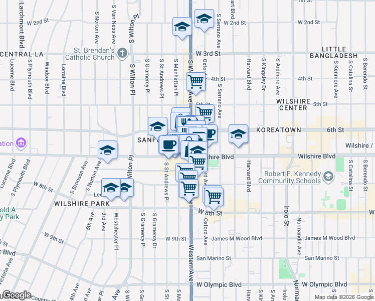 map of restaurants, bars, coffee shops, grocery stores, and more near in Los Angeles
