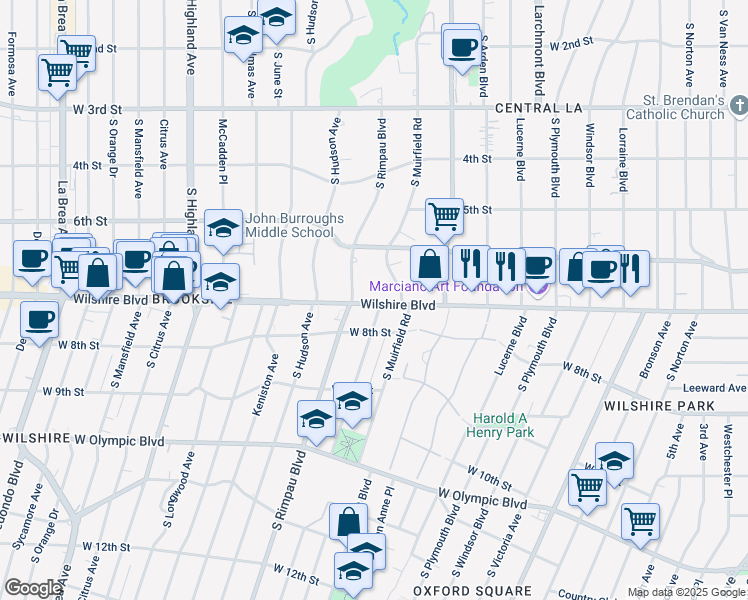 map of restaurants, bars, coffee shops, grocery stores, and more near 4661 Wilshire Boulevard in Los Angeles
