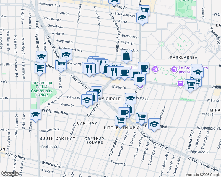 map of restaurants, bars, coffee shops, grocery stores, and more near 6234 Warner Drive in Los Angeles