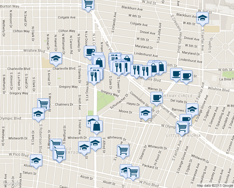 map of restaurants, bars, coffee shops, grocery stores, and more near 258 South Tower Drive in Los Angeles