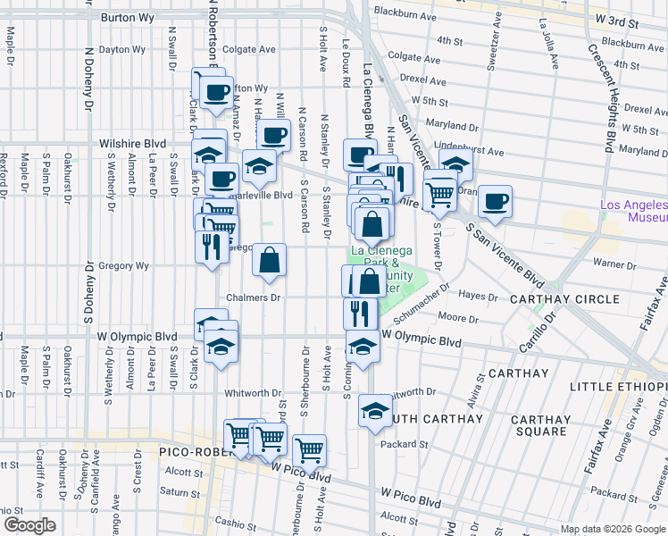map of restaurants, bars, coffee shops, grocery stores, and more near 837 South Holt Avenue in Los Angeles