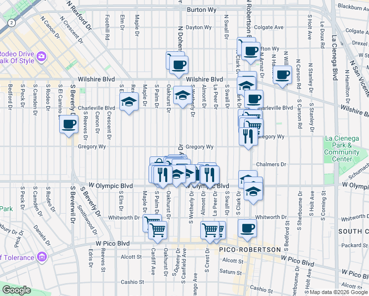 map of restaurants, bars, coffee shops, grocery stores, and more near 301 South Wetherly Drive in Beverly Hills