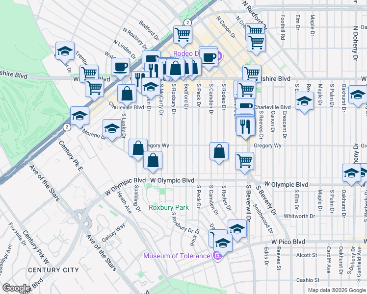 map of restaurants, bars, coffee shops, grocery stores, and more near 300 South Roxbury Drive in Beverly Hills