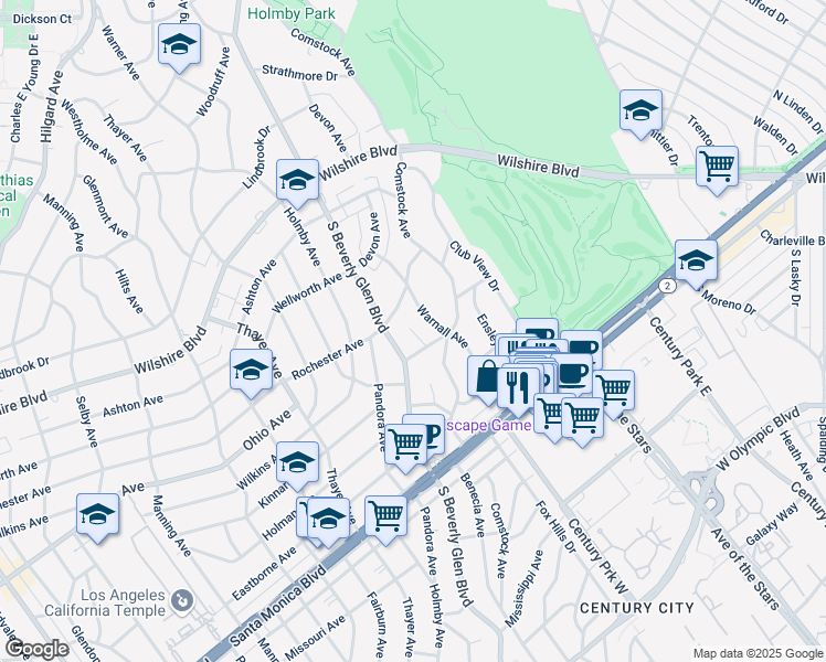 map of restaurants, bars, coffee shops, grocery stores, and more near 1425 Crestview Court in Los Angeles