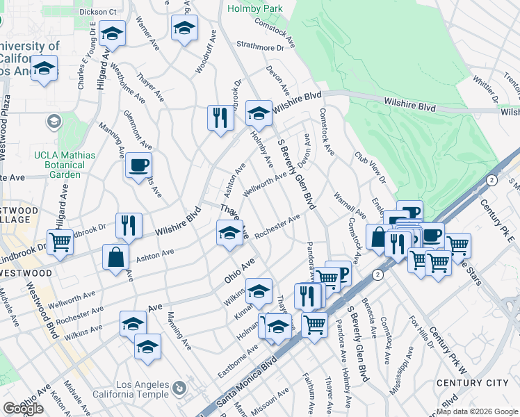 map of restaurants, bars, coffee shops, grocery stores, and more near 1338 Warner Avenue in Los Angeles