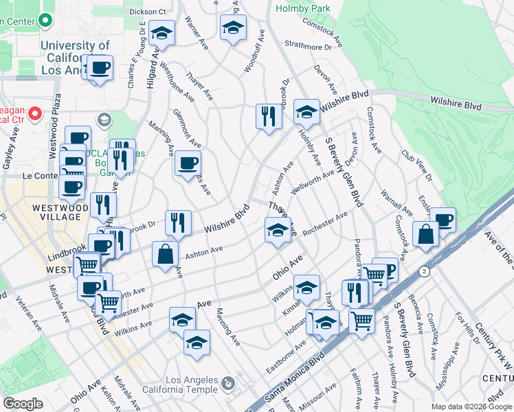 map of restaurants, bars, coffee shops, grocery stores, and more near 10560 Wilshire Boulevard in Los Angeles